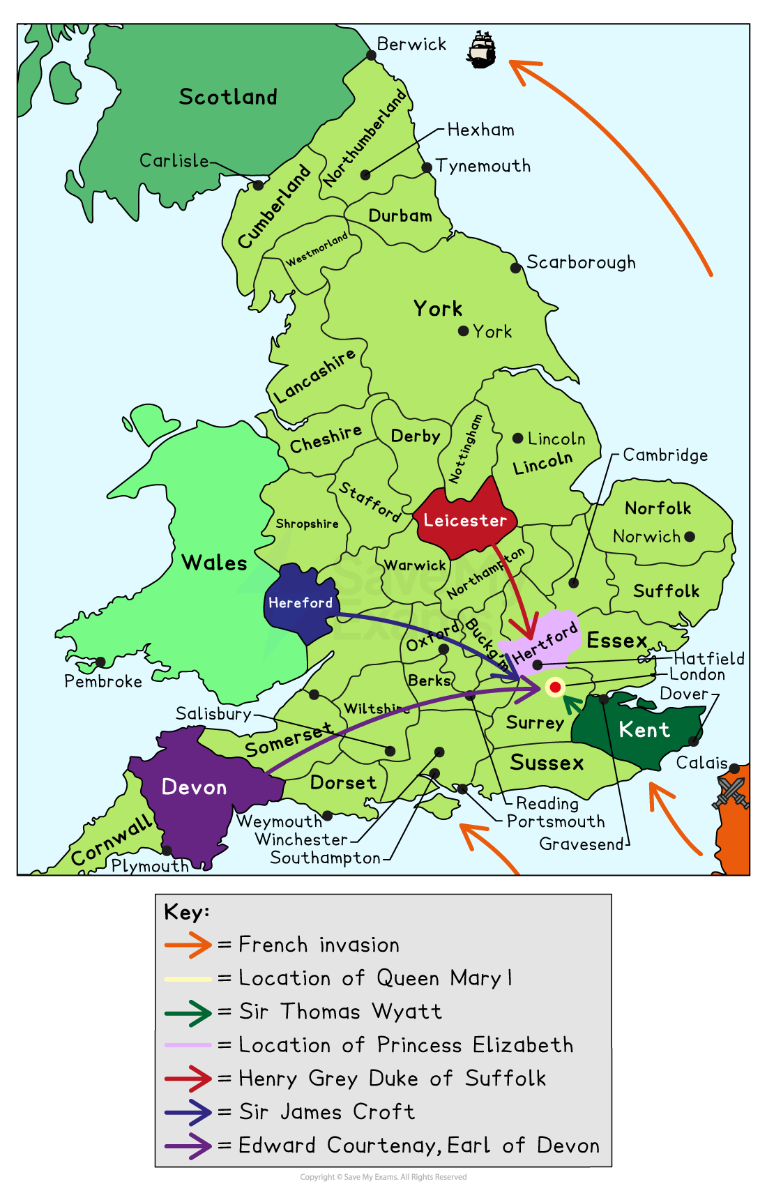 Map of England showing historical invasion routes and key figures' locations during Queen Mary's reign. A key explains the symbols and colours used.