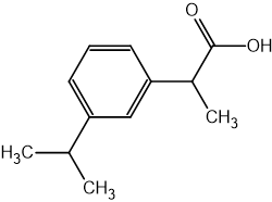 Chemical structure of ibuprofen, showing a benzene ring with isobutyl and propanoic acid groups attached.