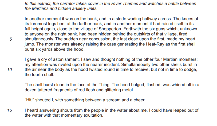 Text excerpt from a narrative; the narrator describes a battle near the River Thames between Martians and artillery, focusing on a dramatic shell explosion.
