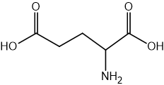 Chemical structure of glutamic acid, showing a central carbon chain with two carboxylic acid groups and one amino group attached.