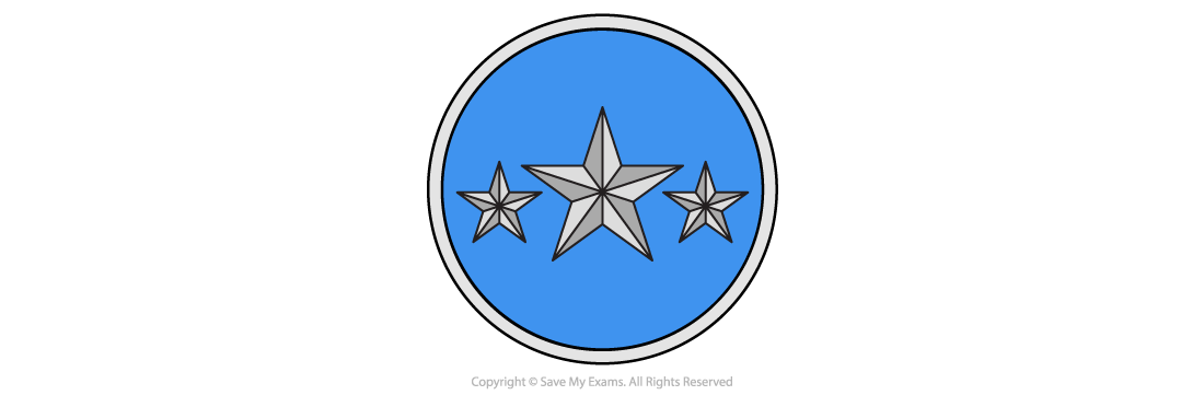 Blue circle with three silver stars; a large central star flanked by two smaller stars, one on each side, outlined in black.