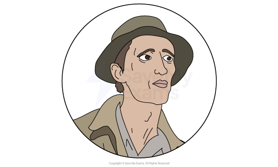 Cartoon man with a serious expression wearing an olive-green hat and trench coat, looking upwards.