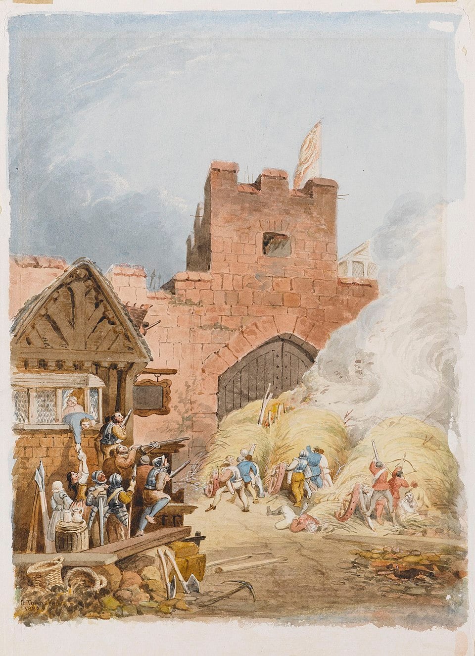 Battle scene with soldiers attacking a castle. Smoke rises near straw piles. Onlookers observe from a timber-framed building nearby.
