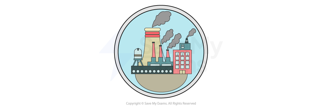 Industrial complex with chimneys and buildings emitting smoke, set against a light blue background within a circular frame.