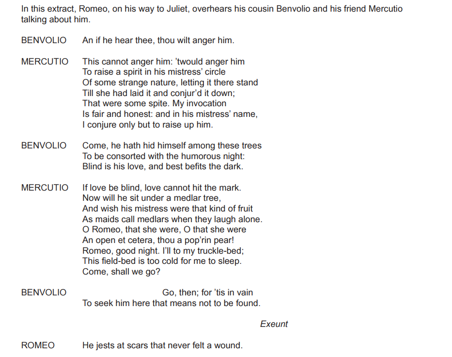 Text from Shakespeare's "Romeo and Juliet," Act 2, Scene 1, with Benvolio and Mercutio discussing Romeo as he approaches Juliet.