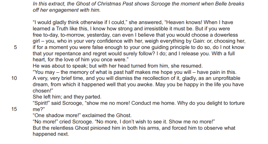 Text from "A Christmas Carol" where Belle ends her engagement with Scrooge, who pleas with the Ghost of Christmas Past to stop showing him this painful memory.