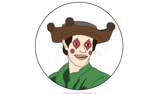 Illustration of a person wearing a brown jester hat, green clothing, and red face paint with round cheeks, set within a circular frame.