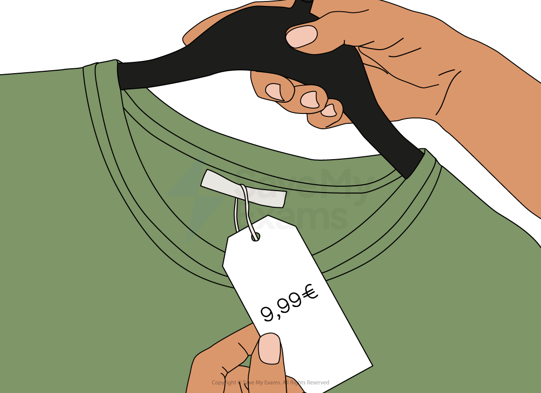 Person holding green shirt on hanger with a price tag showing €9.99.