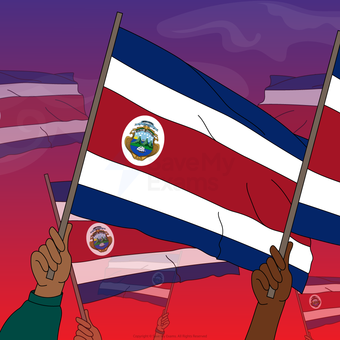 Silhouetted crowd waves Costa Rican flags against a dramatic sunset, capturing a sense of national pride and celebration.