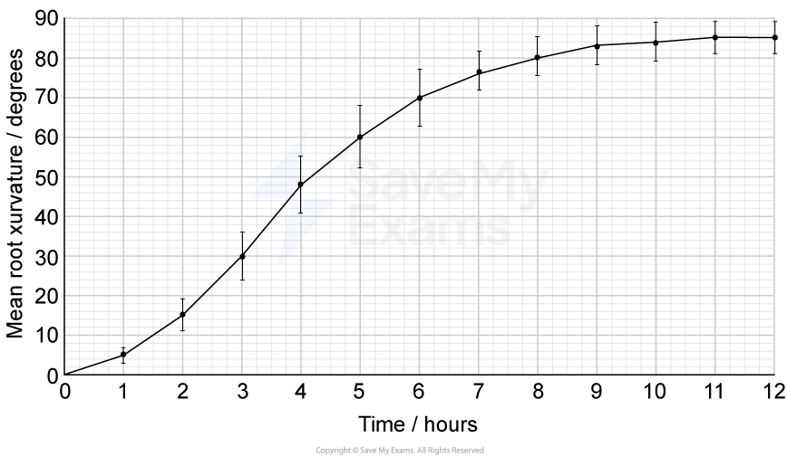 Graph showing mean root curvature in degrees over 12 hours, with error bars indicating variability. Curvature increases rapidly, then levels off.