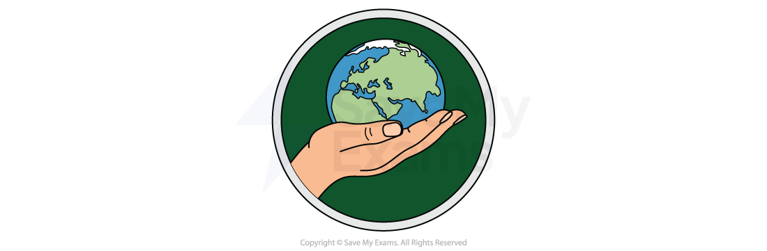 A hand gently holding a small Earth against a dark green background, symbolising care for the planet.