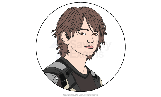 Cartoon portrait of a young man with shaggy brown hair in futuristic black and grey armour, looking calmly at the viewer against a plain white circle background