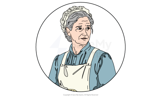 Elderly woman wearing a maid's uniform and cap, with a serious expression, set within a circular frame on a white background.