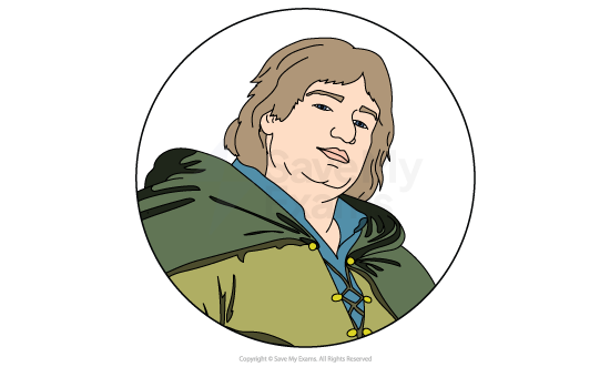 Illustration of a person in a green cloak with brown hair, inside a circular frame, looking slightly to the right.