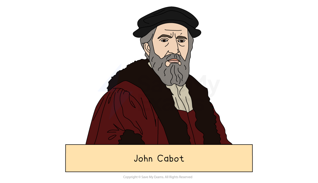 Illustration of an older man with a grey beard, wearing a black hat and red robe with fur trim, labelled "John Cabot" beneath.