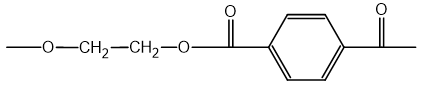 Chemical structure of poly(ethylene terephthalate) showing carbon, hydrogen, and oxygen atoms, with a benzene ring and ester linkages.