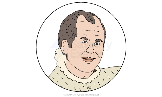 Illustration of a person with curly hair wearing a ruffled collar and period clothing in a circular frame on a plain background.