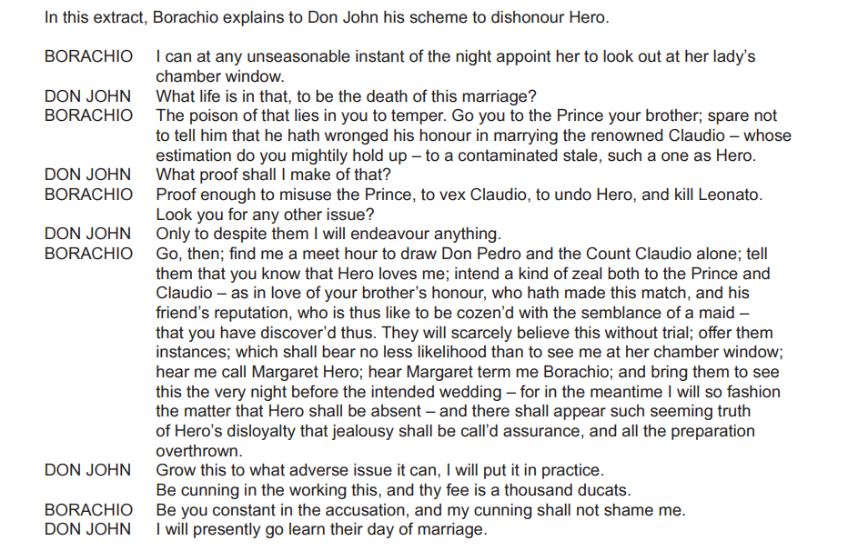 Dialogue excerpt showing Borachio explaining to Don John a plan to ruin Hero's honour, involving deceit and trickery to disrupt her marriage.