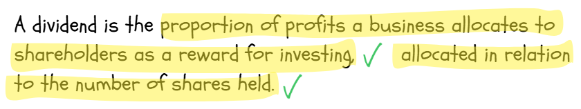 Text defines a dividend as business profits given to shareholders as a reward, based on shares held. Key terms are highlighted with green ticks.