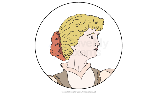 Illustration of a classical female figure with curly blonde hair and an orange band, facing right, in a circular frame on a plain background.