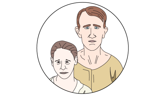 Illustration of a somber couple, man and woman, inside a circle. Both have brown hair and are dressed in simple, muted clothing.