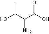 Structural diagram of threonine, an amino acid, showing a chain with hydroxyl, amino, and carboxyl functional groups connected to a central carbon.