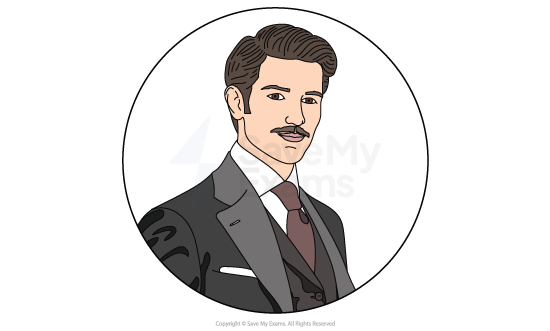 Illustration of a man with brown hair and moustache, wearing a grey suit with a dark red tie, set within a circular frame.