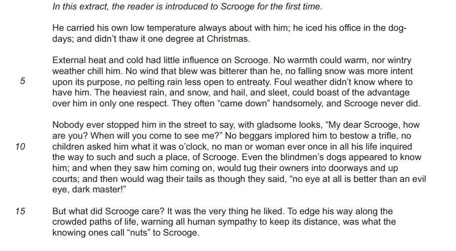Text from "A Christmas Carol" describing Scrooge as cold and unapproachable, unaffected by weather, with no one engaging him socially, and he prefers it that way.