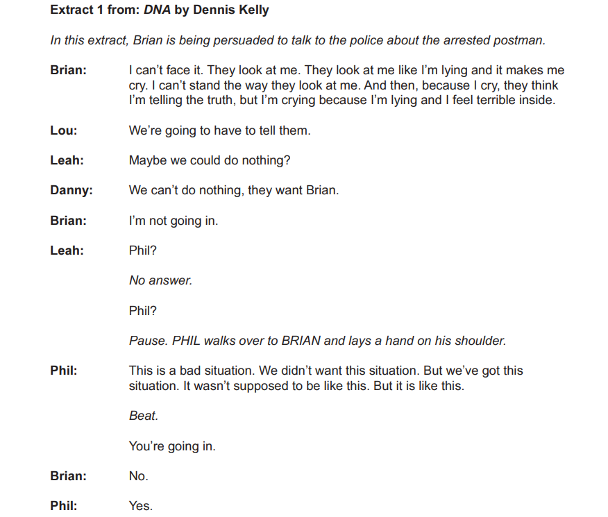 Text from Dennis Kelly's "DNA" where Brian is pressured to speak to police. Characters discuss their fears and Phil insists Brian goes, despite his refusal.