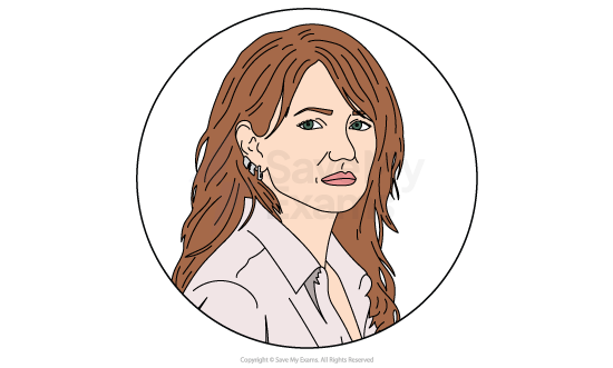 Cartoon-style portrait of a serious woman with long brown hair, wearing a collared shirt, shown from the shoulders up inside a circular frame