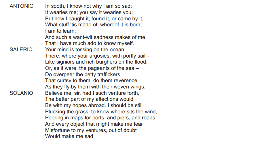Text from a play with characters Antonio, Salerio, and Solanio discussing themes of sadness, ventures, and the ocean, likely from Shakespeare's "The Merchant of Venice".
