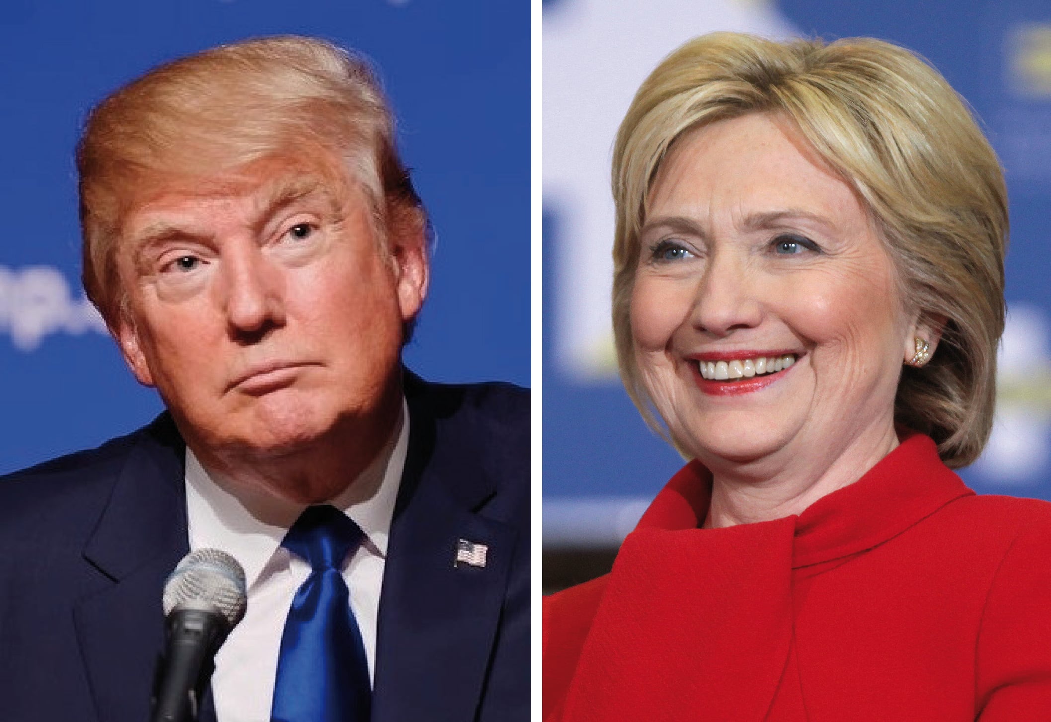 Split image showing two individuals, one on the left wearing a dark suit with a blue tie, and the other on the right in a red outfit, both against blue backgrounds.