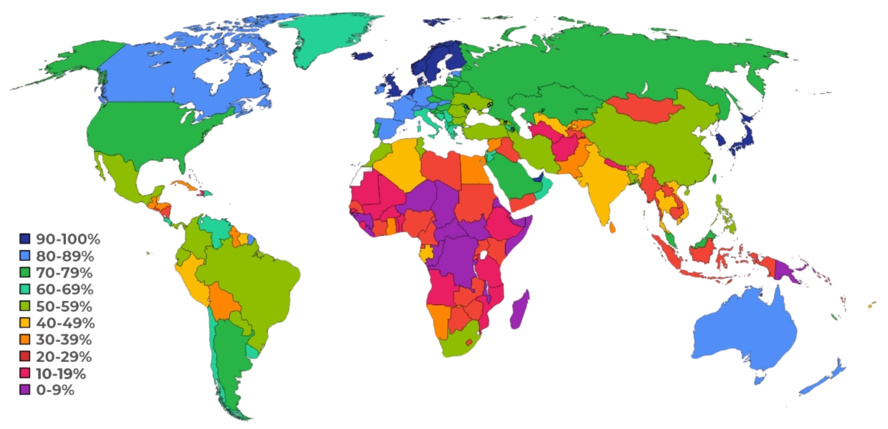 World map shaded in bright colours showing countries by percentage ranges, from 0–9% to 90–100%, with a key legend at the left-hand side.