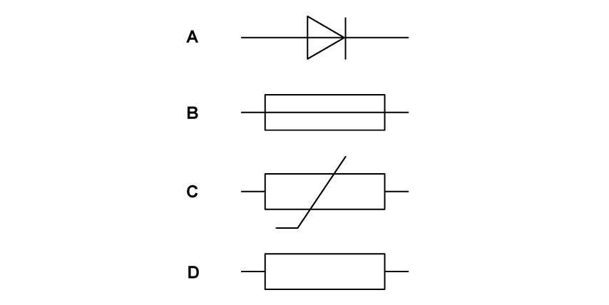 Circuit symbols with horizontal wires on each side
Option A: triangle on its side with its base to the left and a vertical line at its apex to the right
Option B: rectangle with a horizontal line running through it
Option C: rectangle with a diagonal line running through it
Option D: rectangle with nothing running through it