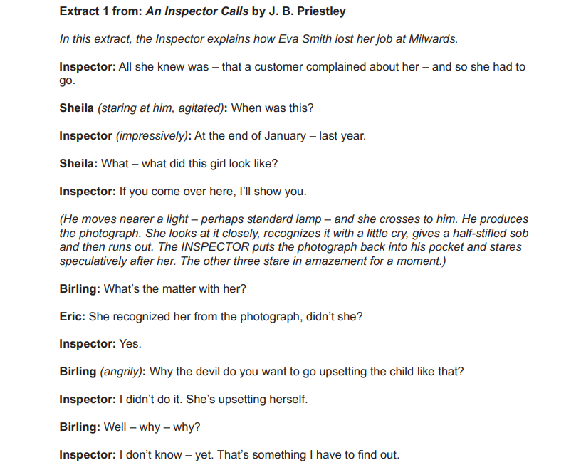 Extract from "An Inspector Calls" by J.B. Priestley showing a dialogue about Eva Smith, revealing her photo and Sheila's emotional response upon recognition.