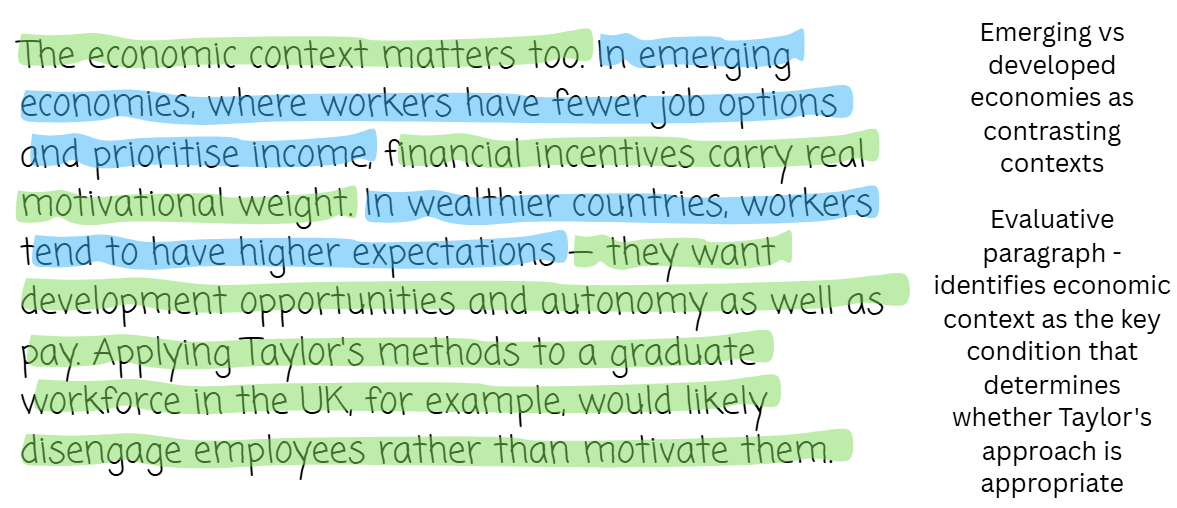 Handwritten text discussing economic contexts' impact on motivational strategies, with highlighted sections and notes on contrasting emerging and developed economies.