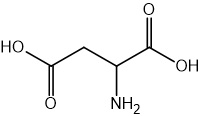 Chemical structure of aspartic acid, showing a four-carbon backbone with two carboxyl groups, and one amine group.