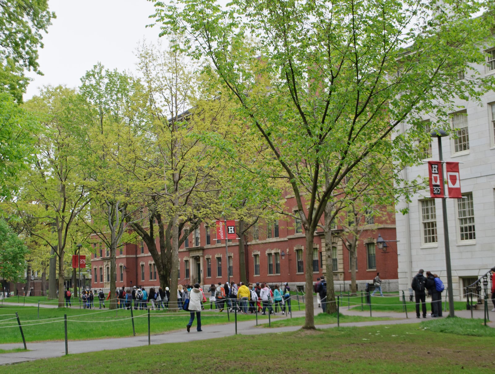 Trees and students on a university campus with red-brick buildings and lampposts displaying red banners featuring a white shield and the letter "H".
