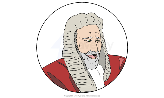 Cartoon of an elderly judge in a red robe with a long grey wig and beard, set against a plain white background within a circular frame.