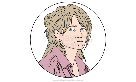 Illustrated woman with light brown messy hair and blue eyes, wearing an open-collared pink shirt, looking sideways with a serious, wary expression