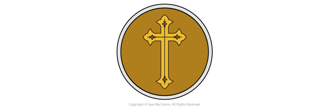 Gold ornate cross centred on a brown circular background, enclosed by a thin grey border. The design features decorative details at each end.