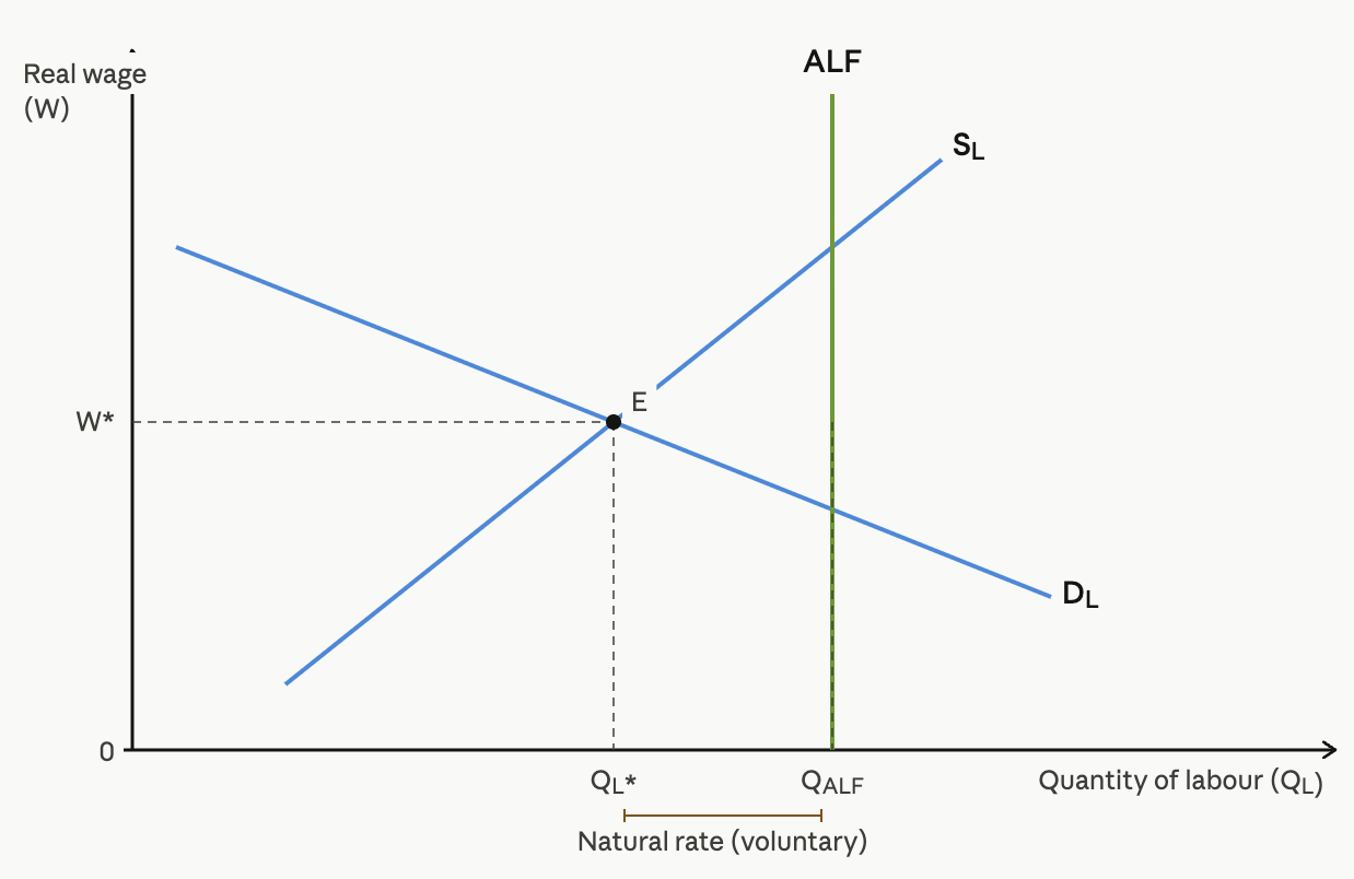 Graph showing the labour market with a downward sloping demand curve (DL), upward sloping supply curve (SL), equilibrium (E), and vertical line (ALF) at QALF.
