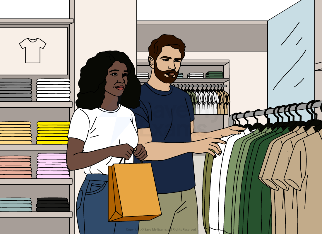 A woman holding a shopping bag and a man are browsing shirts on a rack in a clothing store, with folded clothes visible in the background.
