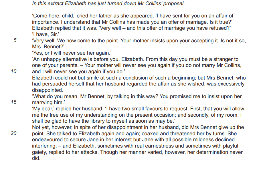 Text excerpt from "Pride and Prejudice" by Jane Austen, where Elizabeth Bennet refuses Mr Collins' marriage proposal, upsetting her mother.