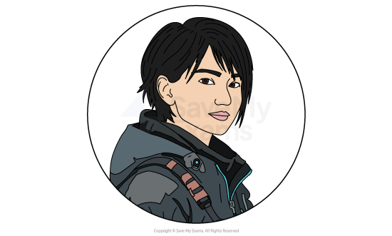 Cartoon portrait of a young person with short dark hair in a hooded outdoor jacket, wearing a backpack and looking over their shoulder against a white circle background