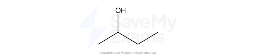 Skeletal formula of butan-2-ol showing a four-carbon zigzag chain with a hydroxyl group (OH) attached to the second carbon atom