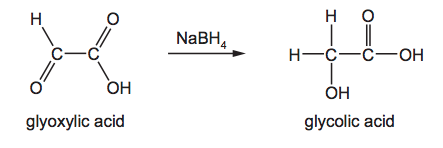 Chemical equation showing glyoxylic acid reduced by sodium borohydride (NaBH₄) to form glycolic acid, with structural formulae for both compounds
