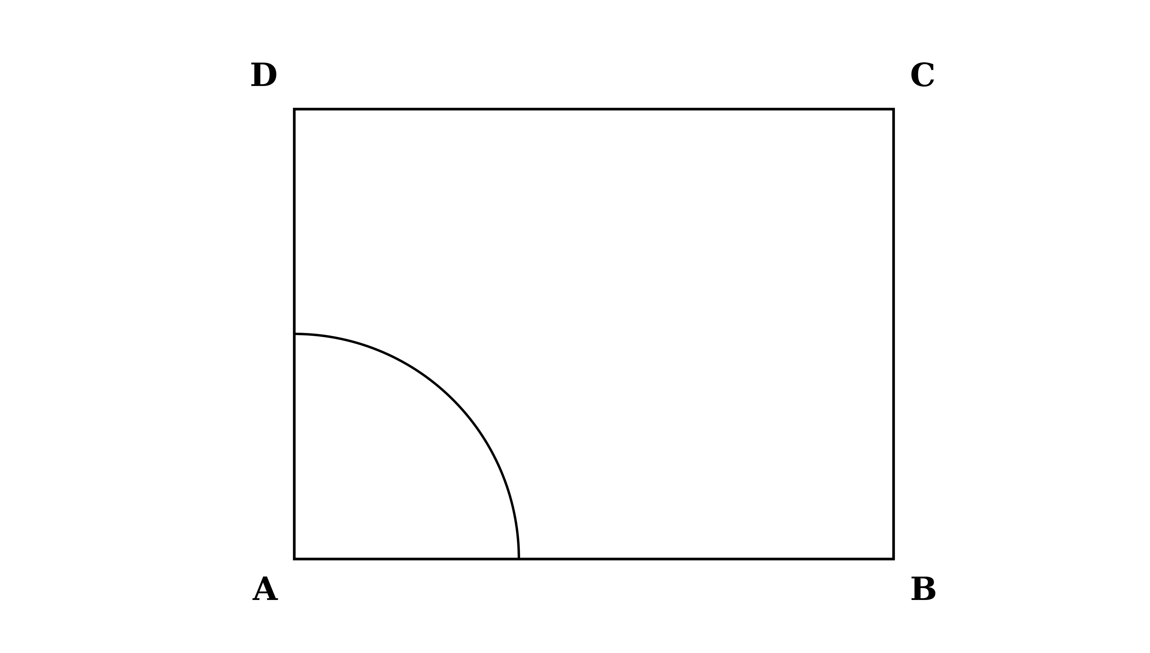 A scale-drawing rectangle ABCD on plain paper. A is bottom-left, B is bottom-right (so AB is the bottom side, length 8 cm on diagram). C is top-right, D is top-left (so AD is the left side, length 6 cm on diagram). Inside the rectangle, an arc of radius 3 cm is pre-drawn centred at corner A, sweeping from the AB side (right) to the AD side (up). The corner A is at the centre of this arc. Vertices A, B, C, D are clearly labelled.