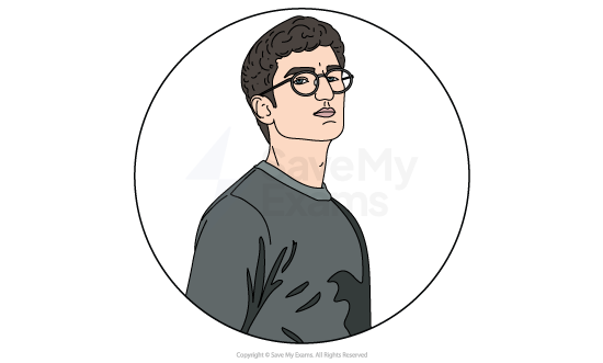 Image of Haemon from Antigone: he is a young man with short curly hair and glasses, wearing a dark jumper, looking slightly over his shoulder in a white circular frame