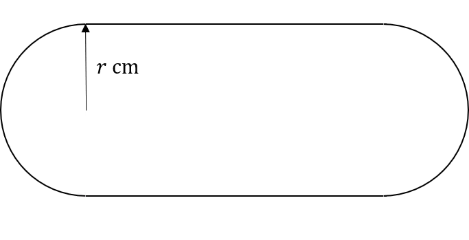 Diagram of an oval with two straight sides and semi-circular ends. A vertical line marks radius "r cm" from the center to the edge of a semi-circle.